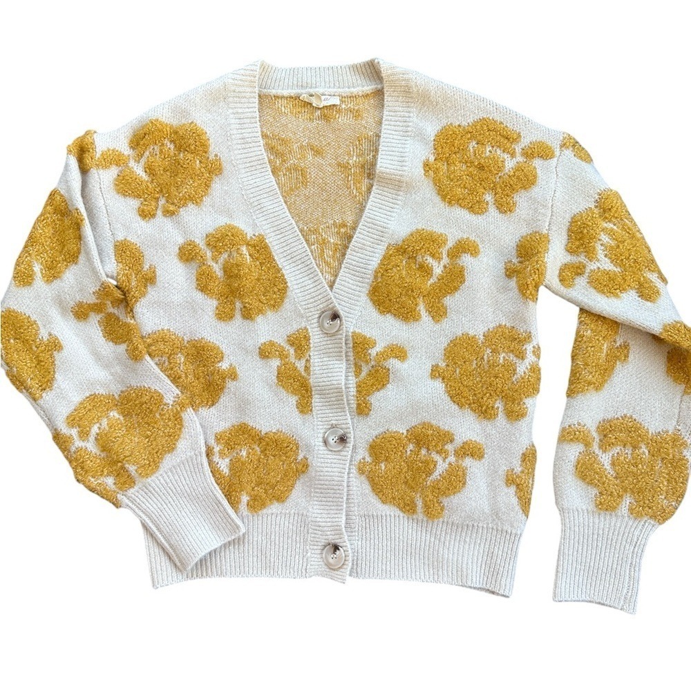 Mystree‎ Floral Cardigan Sweater Womens Small Yellow Cream Knit Excellent V-Neck